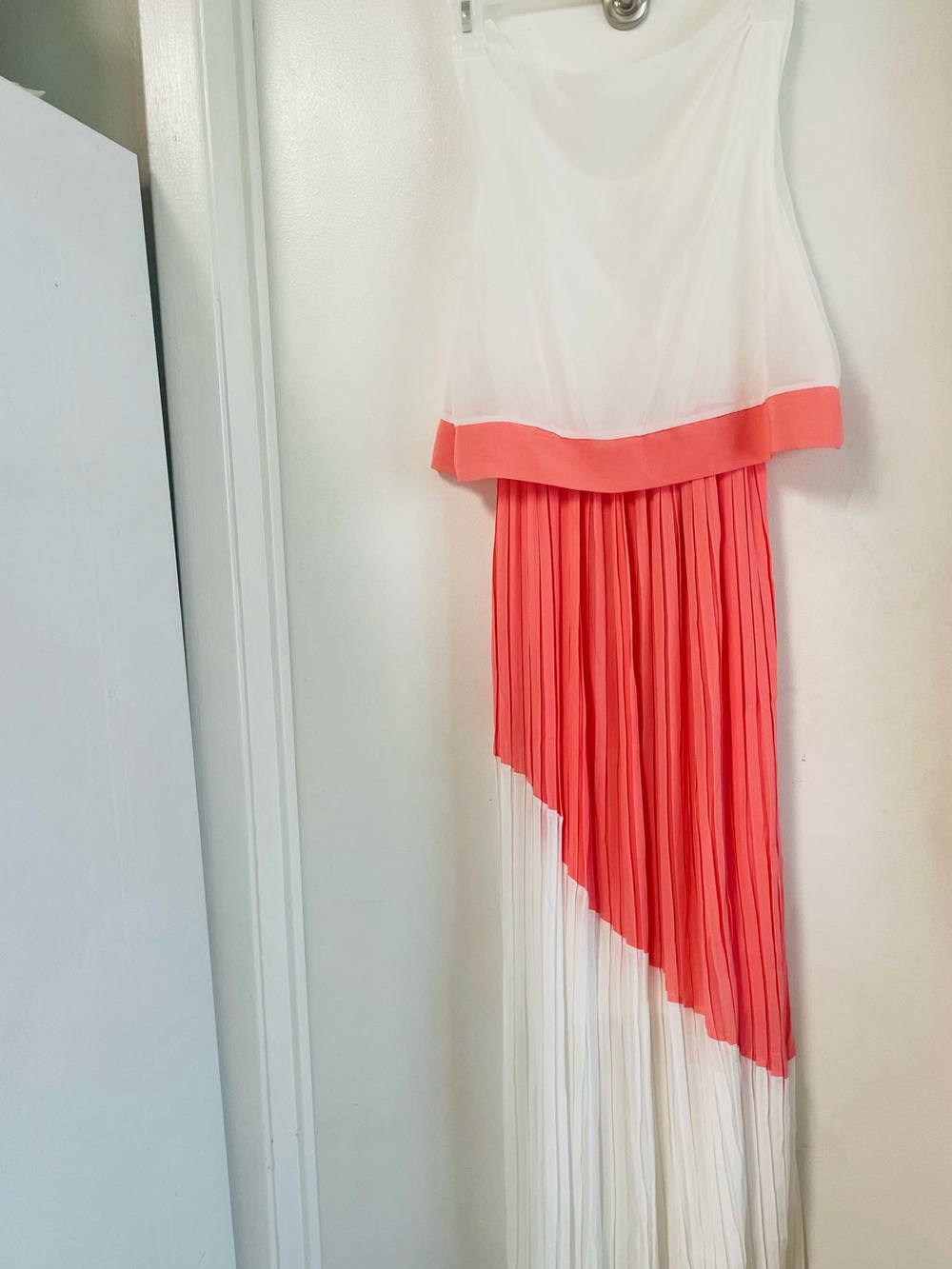 White and Coral Asymmetric Pleated Maxi Dress New W/O TAGS - Picture 2 of 6